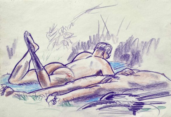 drawing of two naked men laying on a blanket in nature one laying on his back the other on his front