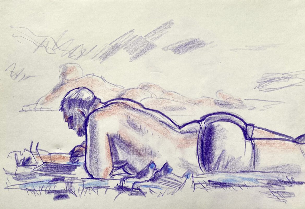 drawing in crayon of a half naked muscular beefy man reading on a blanket in the park