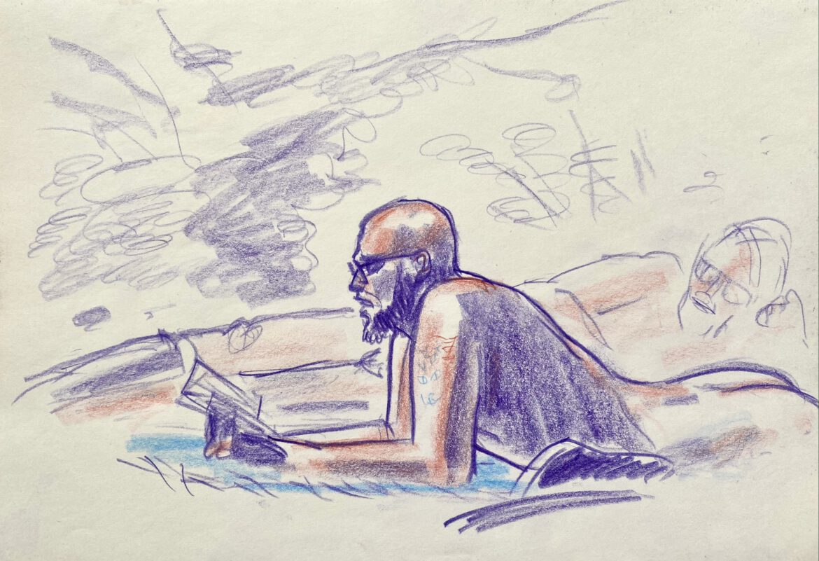 drawing in crayon of a naked bald bearded men with glasses laying on a blanket in the sun reading in the background another naked man reading as well
