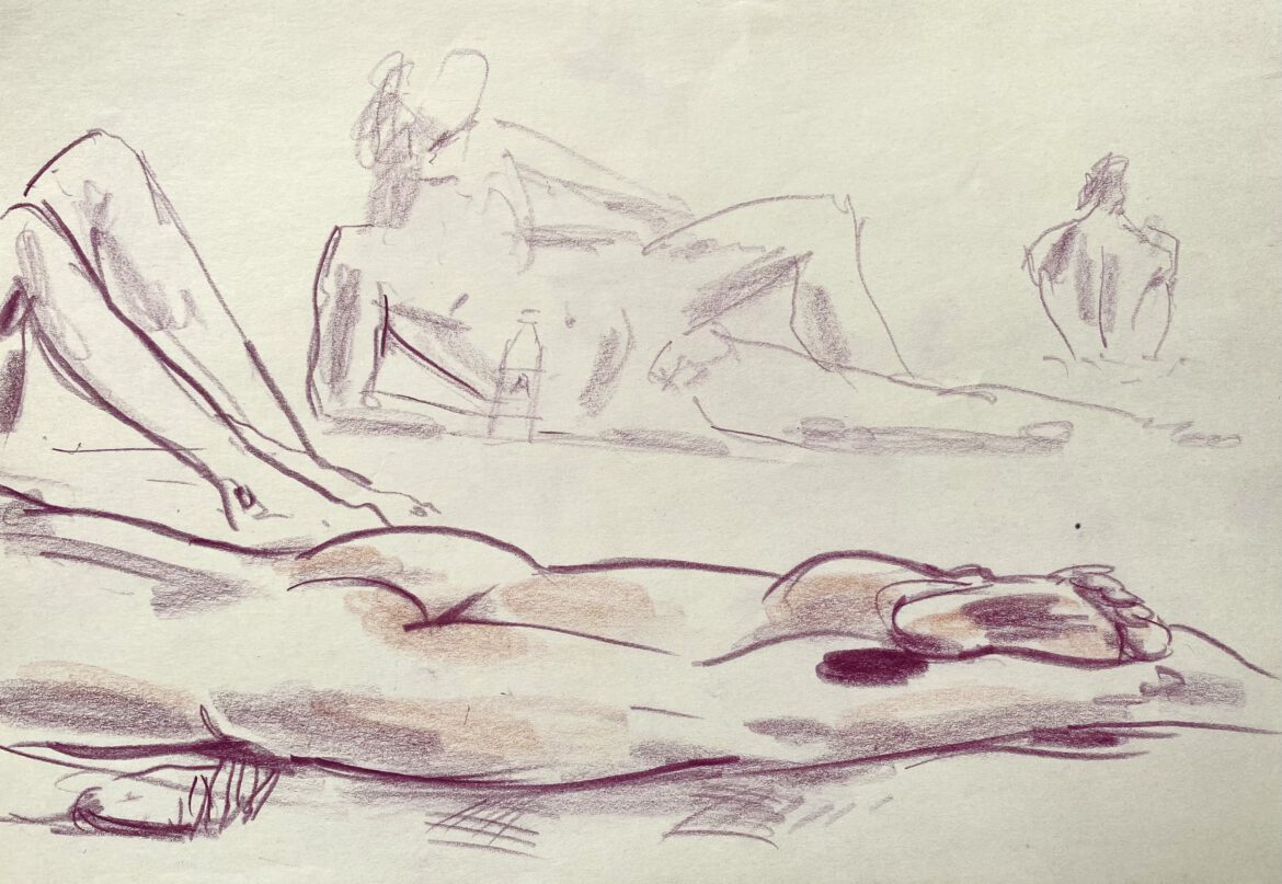 sketch of several naked men relaxing in the sun