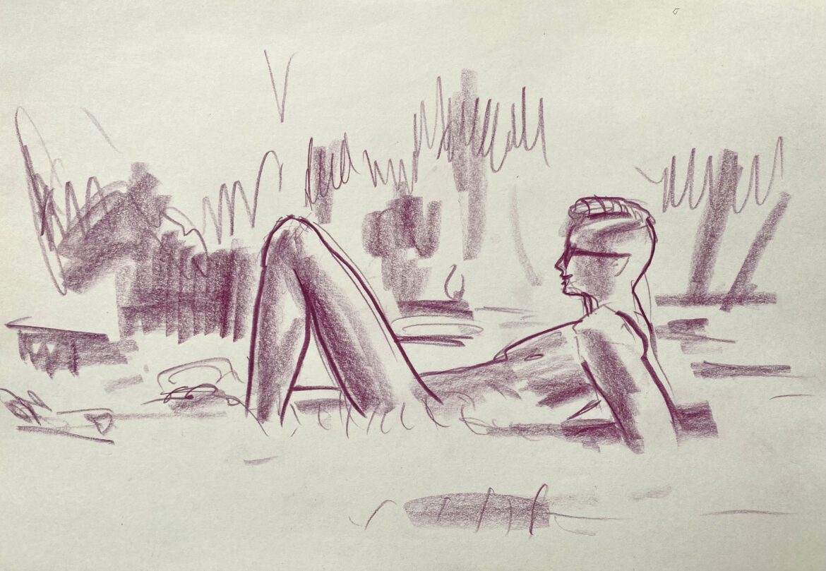 drawing of a naked man with sunglasses laying in nature