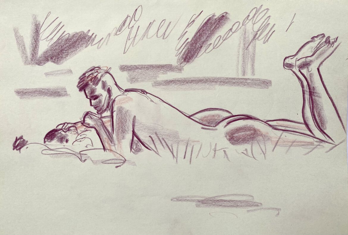 drawing of two men naked on a meadow