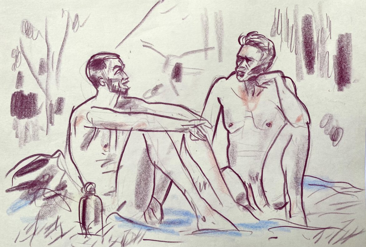 drawing of two naked men with big Penisses sitting in the park talking