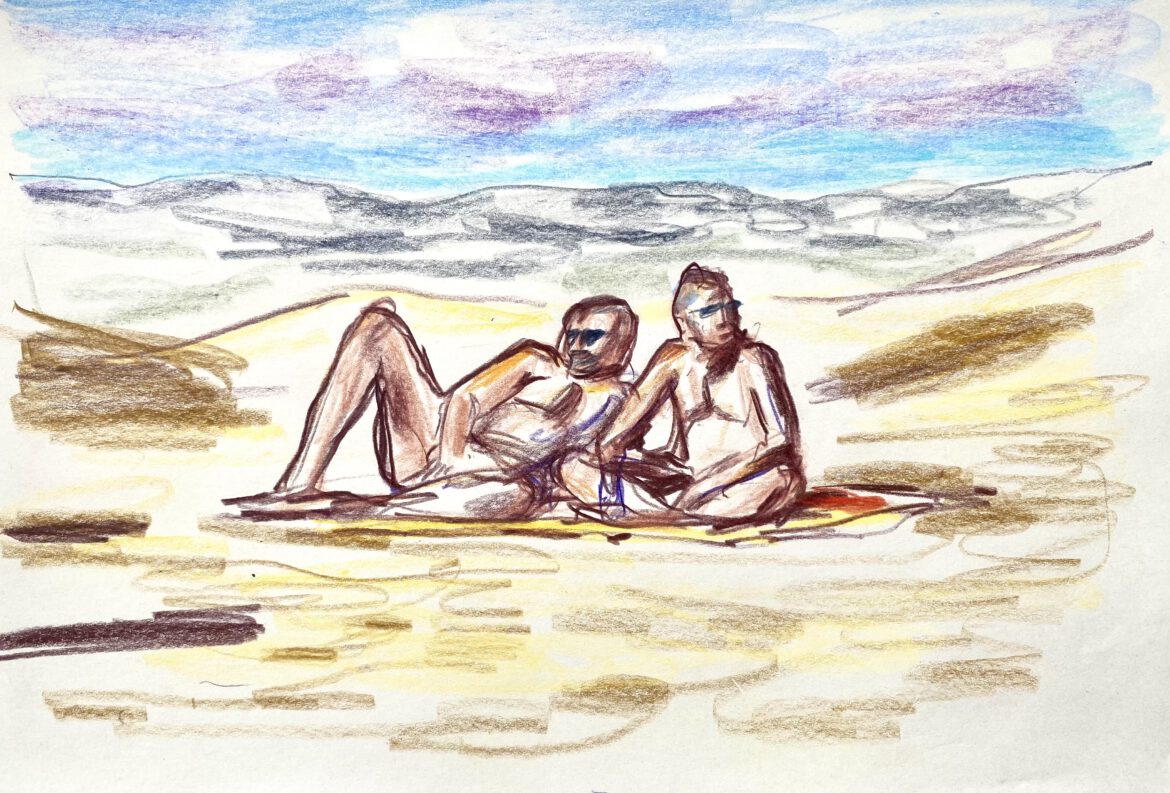 two naked men at the gay nude beach Maspalomas drawing by LGBT artist Paul Astor Berlin