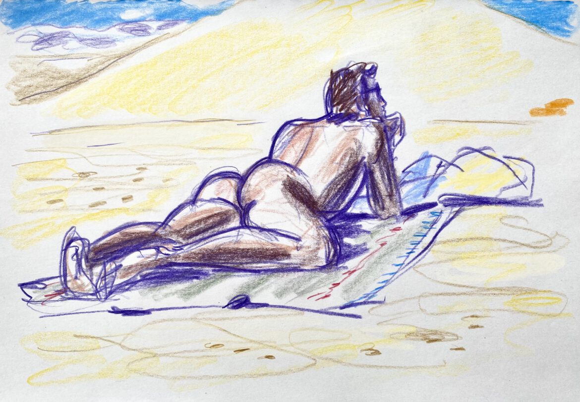 a naked young man at the gay nude beach Maspalomas drawing by LGBT artist Paul Astor Berlin