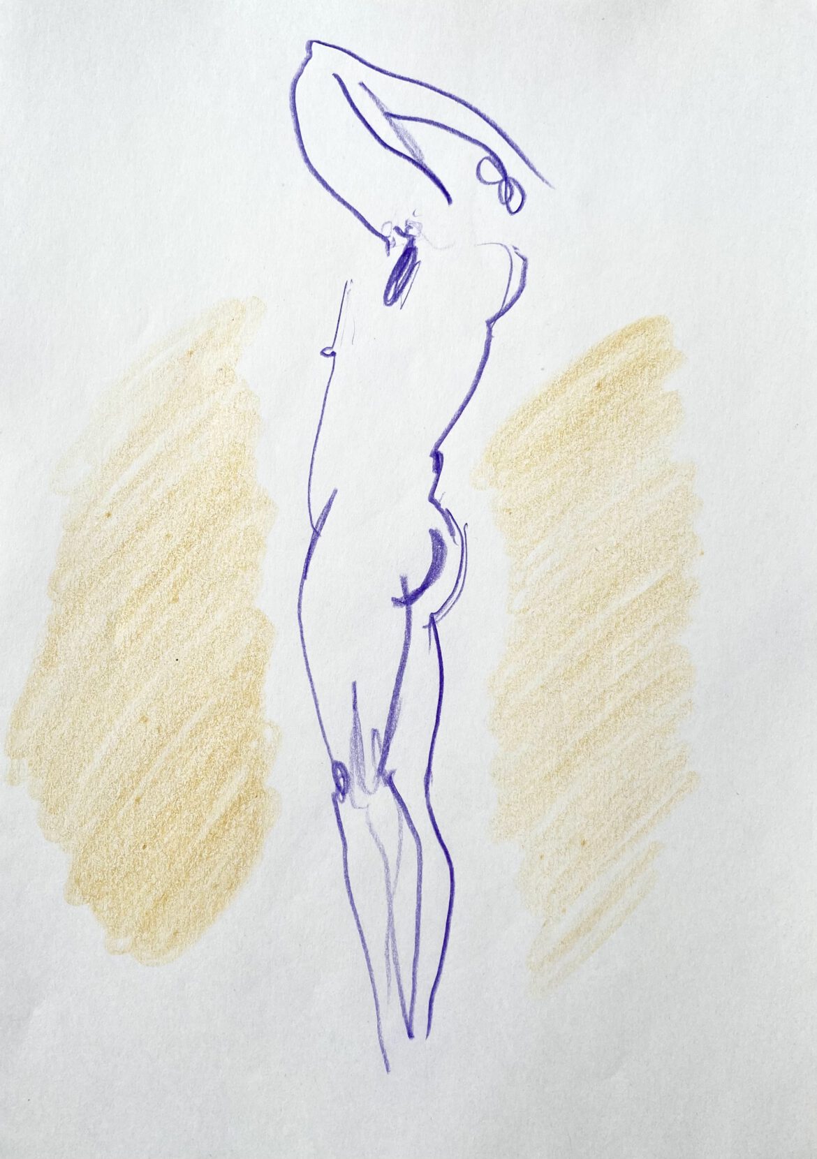 a naked muscular man at the gay nude beach Maspalomas drawing by LGBT artist Paul Astor Berlin