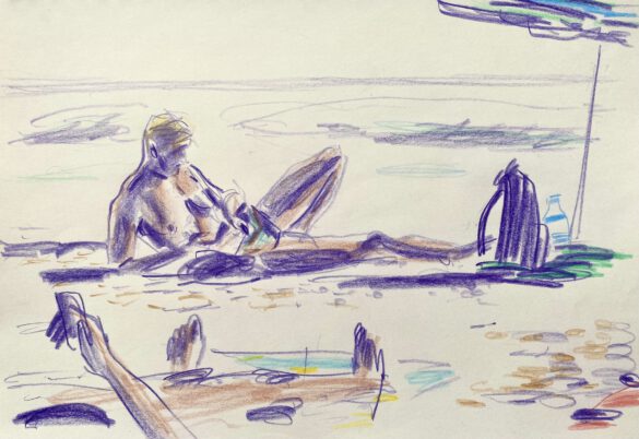 a young man reading at the gay nude beach Maspalomas drawing by LGBT artist Paul Astor Berlin