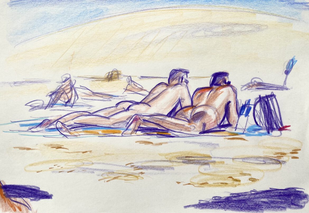 two naked young men at the gay nude beach Maspalomas drawing by LGBT artist Paul Astor Berlin
