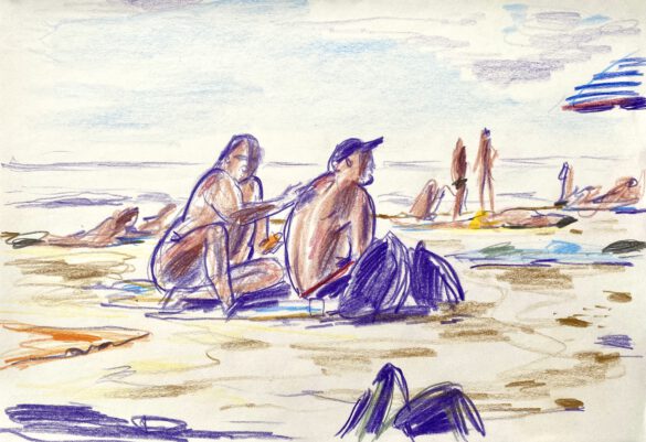 two naked beefy men at the gay nude beach Maspalomas drawing by LGBT artist Paul Astor Berlin