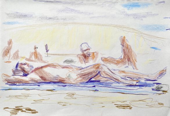 a group of naked men at the gay nude beach Maspalomas drawing by LGBT artist Paul Astor Berlin