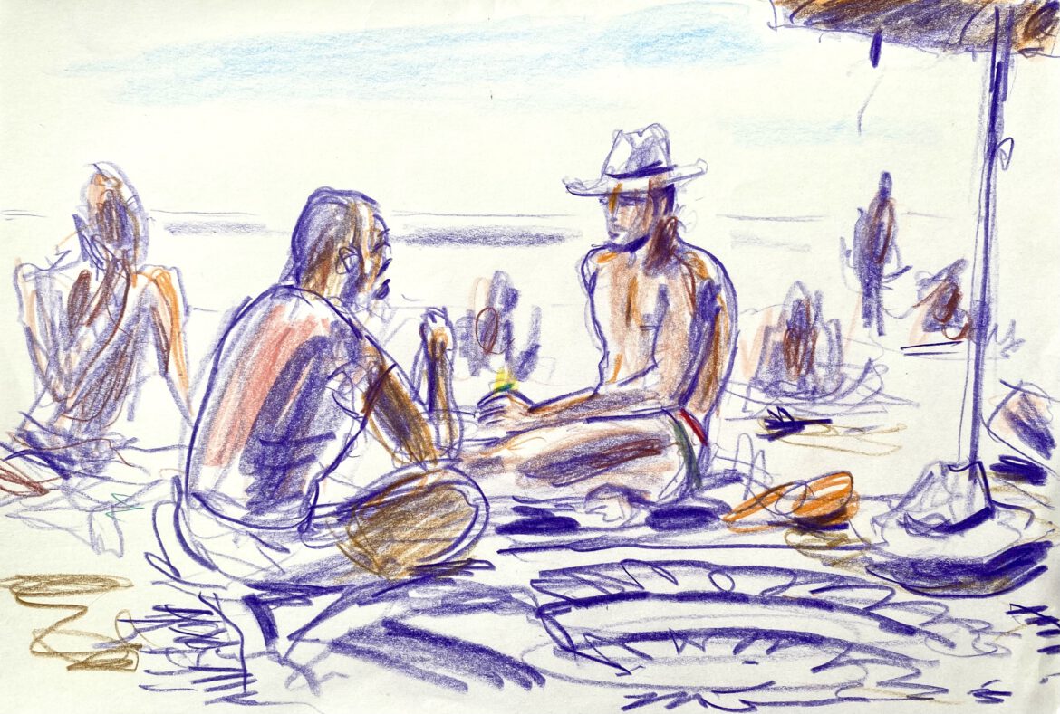 a group of young men at the gay nude beach Maspalomas drawing by LGBT artist Paul Astor Berlin