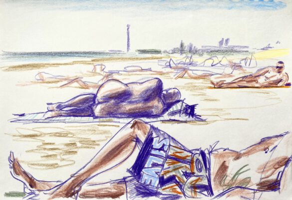 a group of young men at the gay nude beach Maspalomas drawing by LGBT artist Paul Astor Berlin