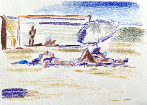 man with a large penis at the gay nude beach Maspalomas drawing by LGBT artist Paul Astor Berlin