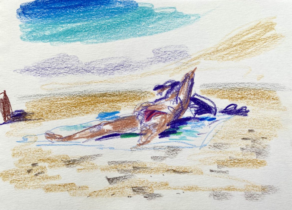 a bearded man relaxing at the gay nude beach Maspalomas drawing by LGBT artist Paul Astor from Berlin
