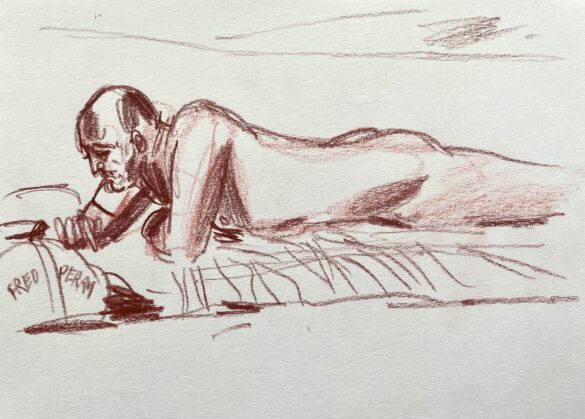 an old man reading at the gay nude beach Maspalomas drawing by LGBT artist Paul Astor from Berlin