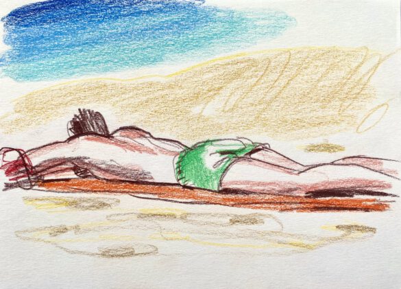 a young man sleeping at the gay nude beach Maspalomas drawing by LGBT artist Paul Astor from Berlin