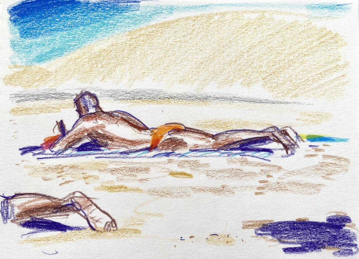 a young man reading at the gay nude beach Maspalomas drawing by LGBT artist Paul Astor from Berlin