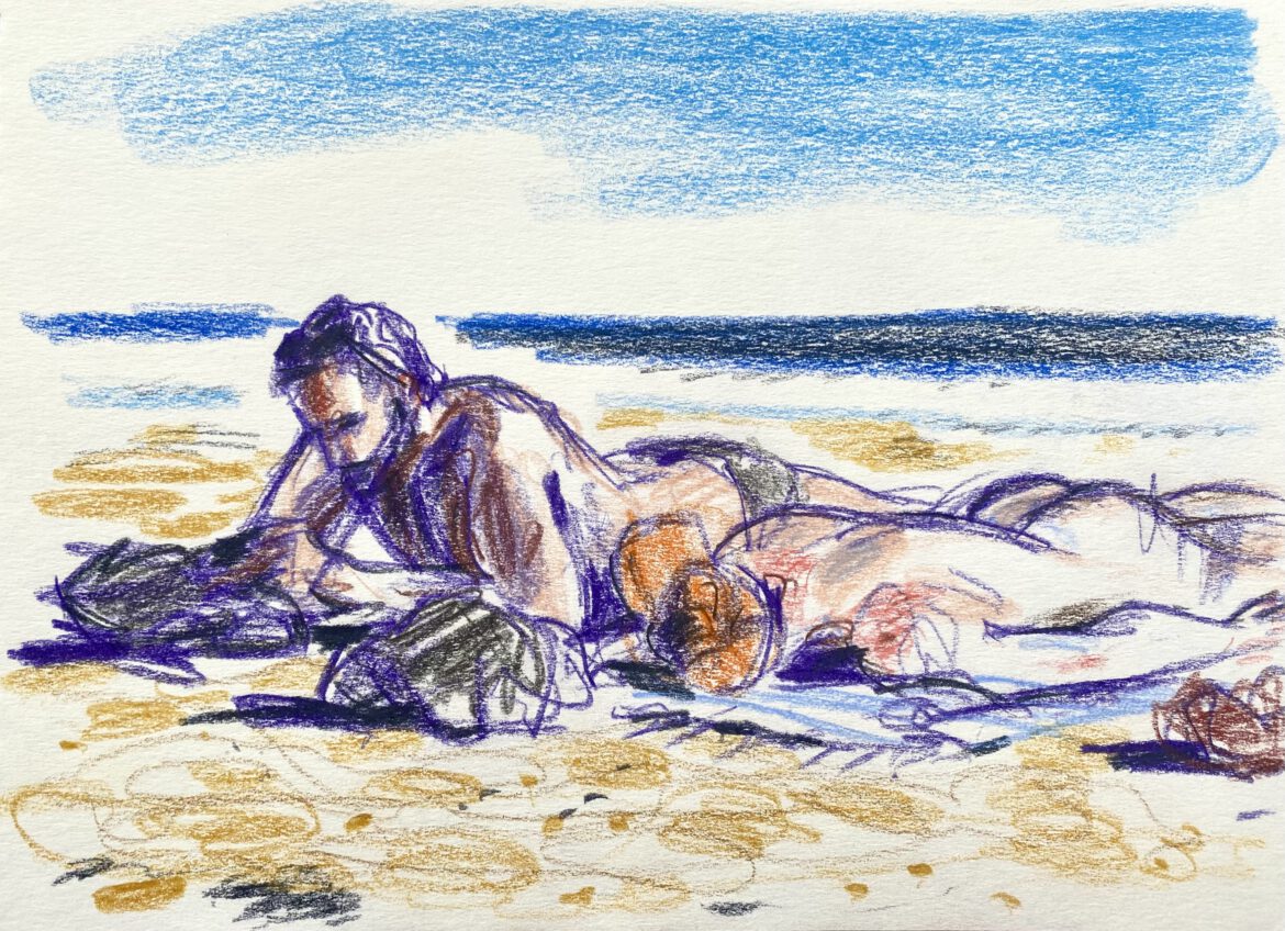 two naked men at the gay nude beach Maspalomas drawing by LGBT artist Paul Astor from Berlin