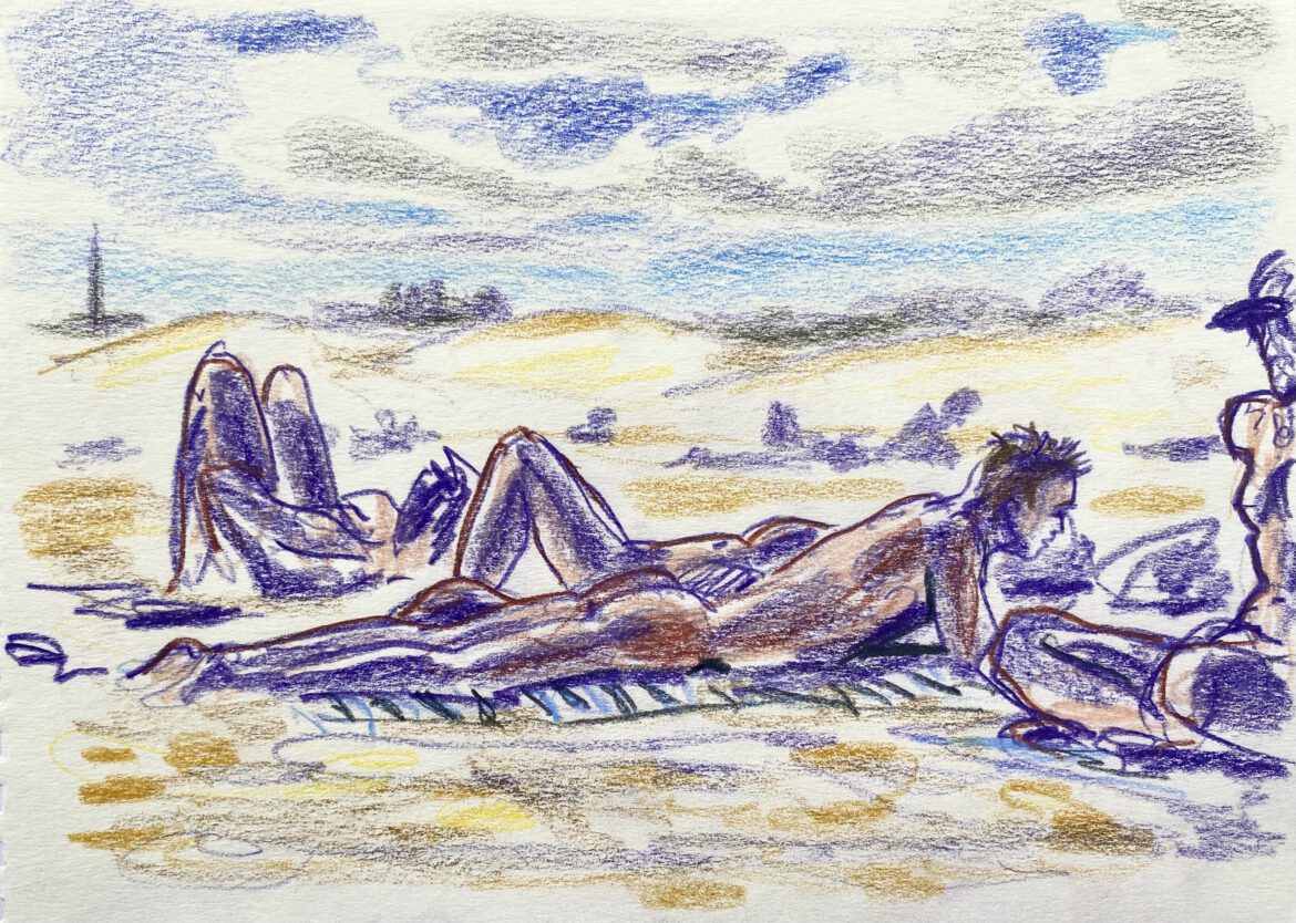 a group of naked men at the gay nude beach Maspalomas drawing by artist Paul Astor from Berlin