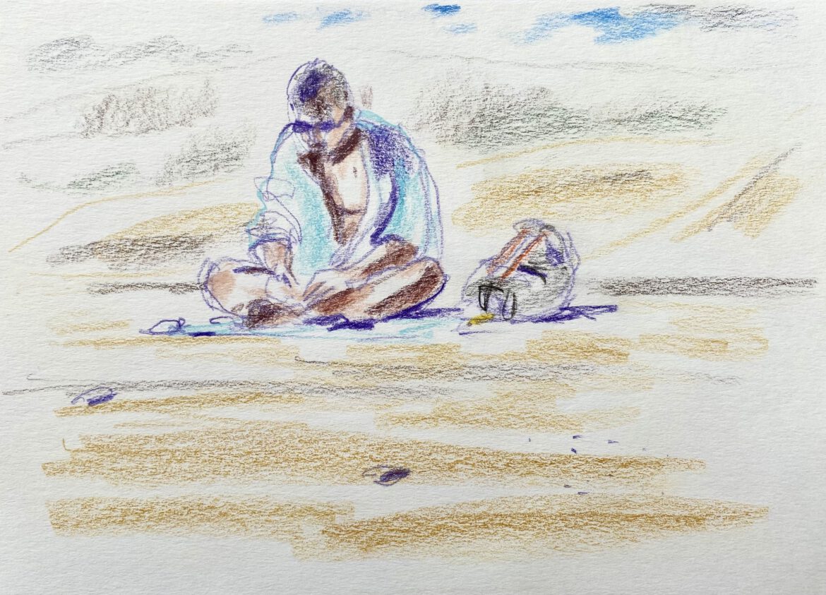 man reading at the gay beach Maspalomas drawing by LGBT artist Paul Astor from Berlin