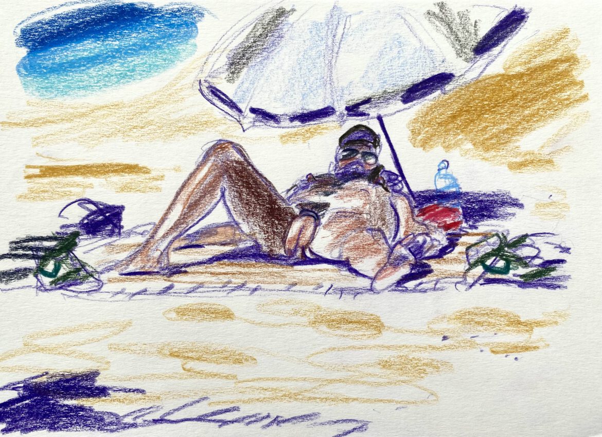 man at the gay beach Maspalomas with a cocking around his giant penis - drawing by Paul Astor berlin