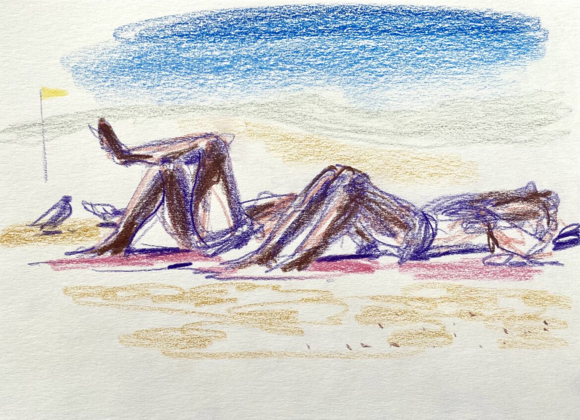 a men at the gay nude beach Maspalomas drawing by LGBT artist Paul Astor Berlin
