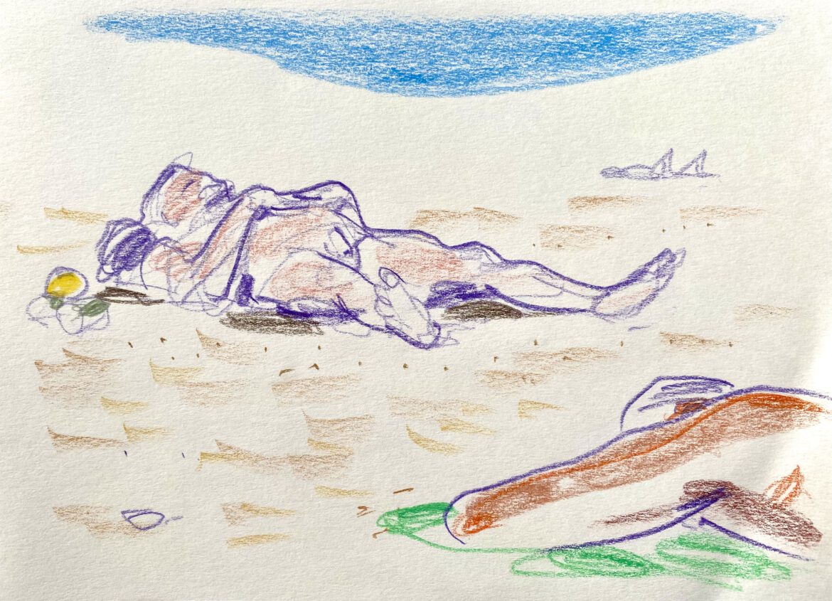 a naked men sleeping at the gay nude beach Maspalomas drawing by LGBT artist Paul Astor Berlin