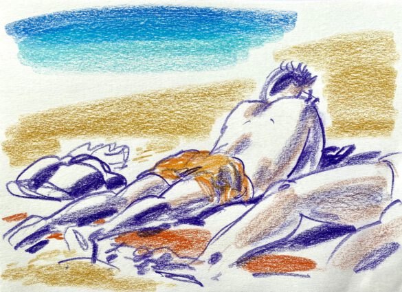 two men at the gay nude beach Maspalomas drawing by LGBT artist Paul Astor Berlin