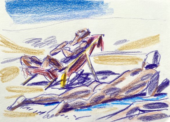 two men one naked at the gay nude beach Maspalomas drawing by LGBT artist Paul Astor Berlin