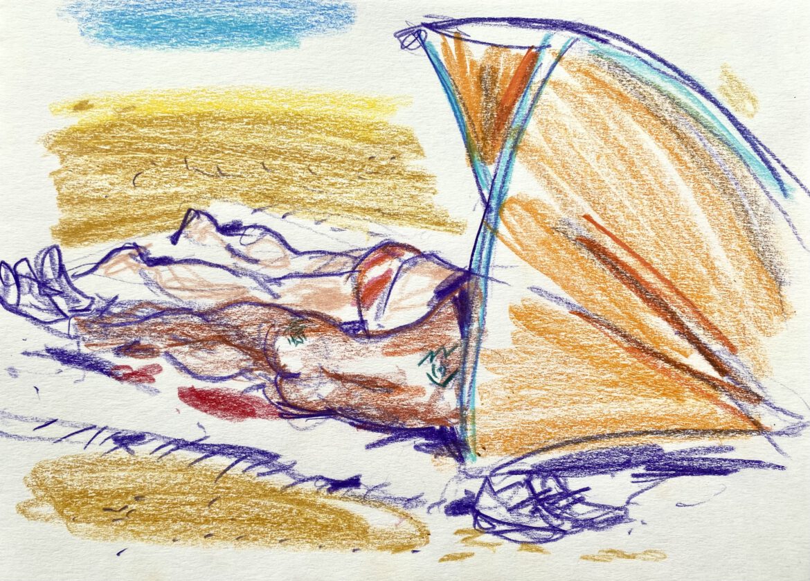 two naked men in a tent at the gay nude beach Maspalomas drawing by LGBT artist Paul Astor Berlin