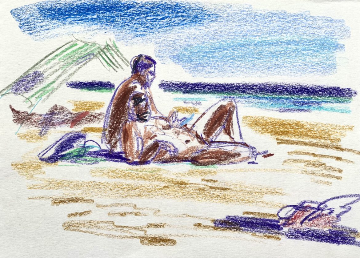 two naked men at the gay nude beach Maspalomas drawing by LGBT artist Paul Astor Berlin