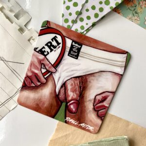 painting by Paul Astor Berlin a penis lurks from a rugby players underwear