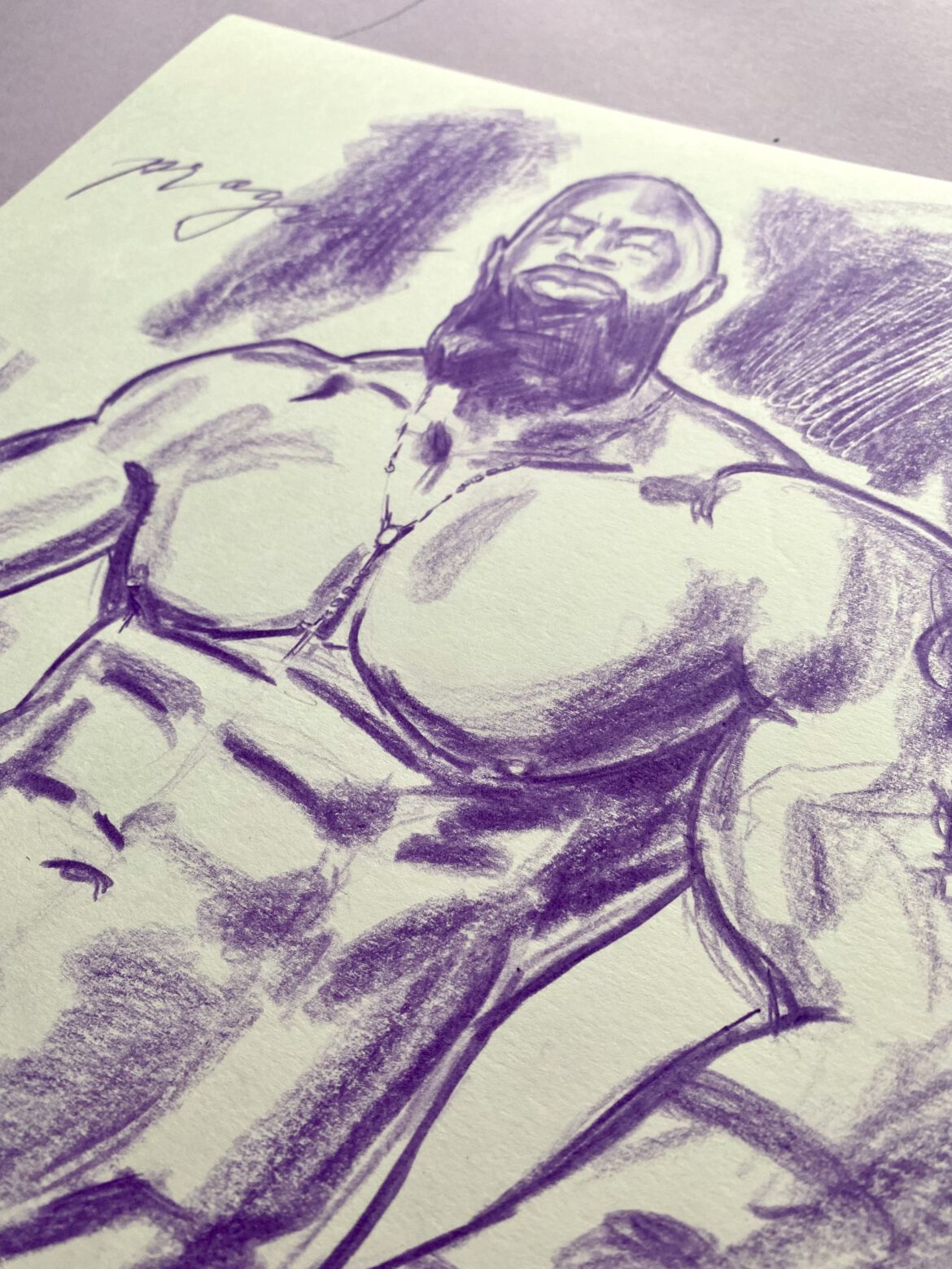 drawing in purple of a very muscular black bearded man in underwear