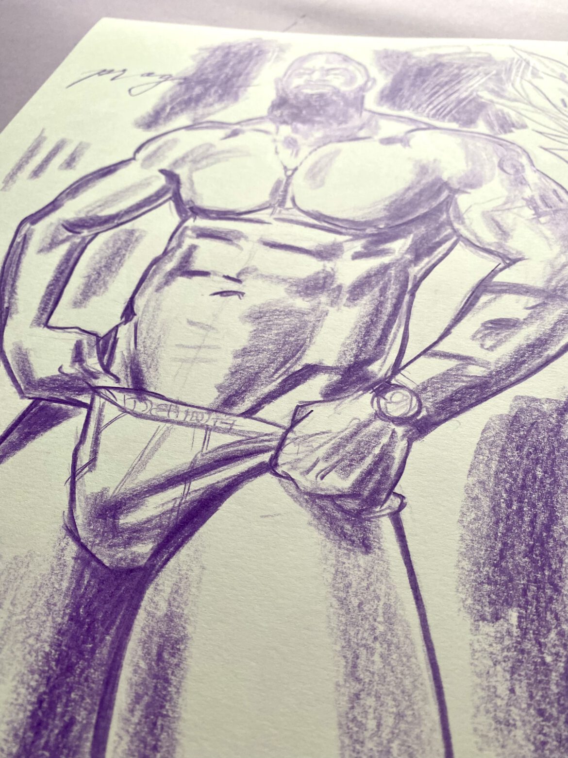 drawing in purple of a very muscular black man in underwear