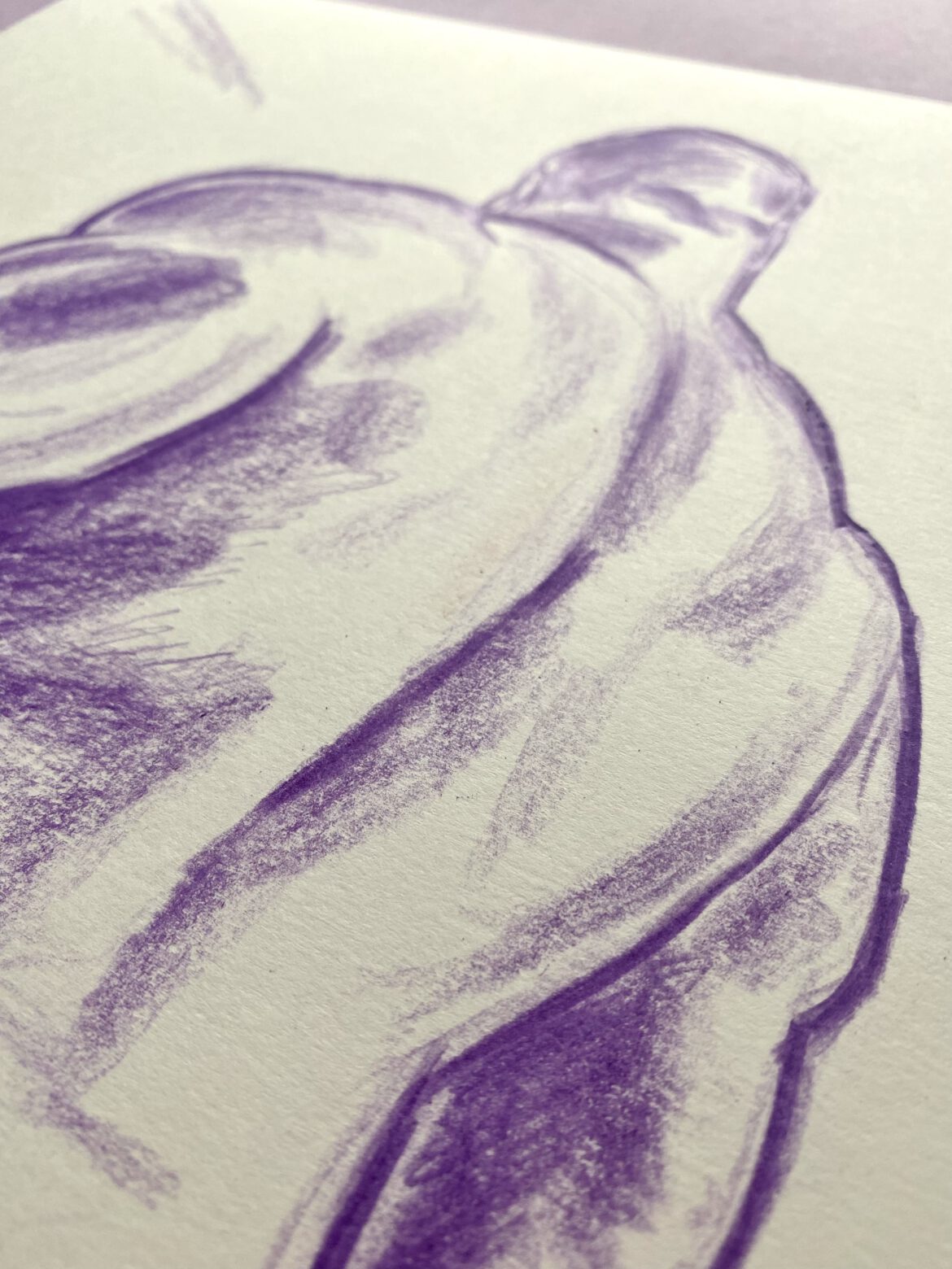 purple drawing of the backside of a standing naked bodybuilder