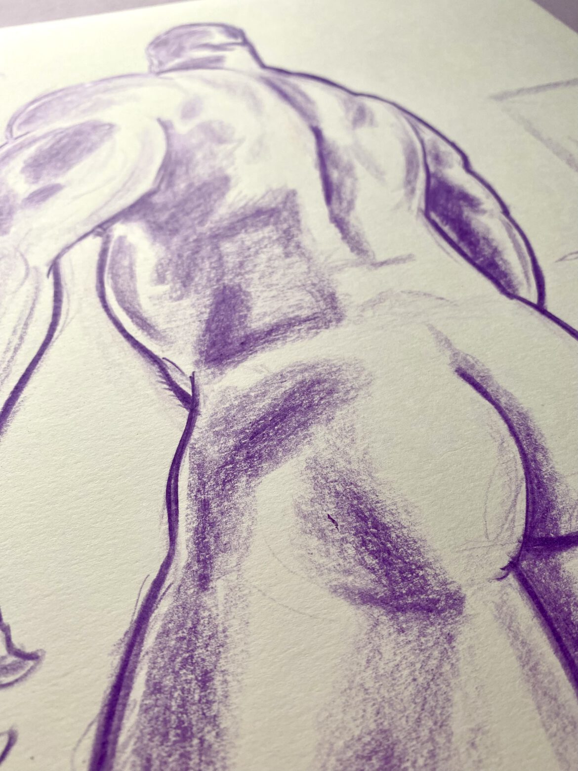 purple drawing of the backside of a standing naked bodybuilder