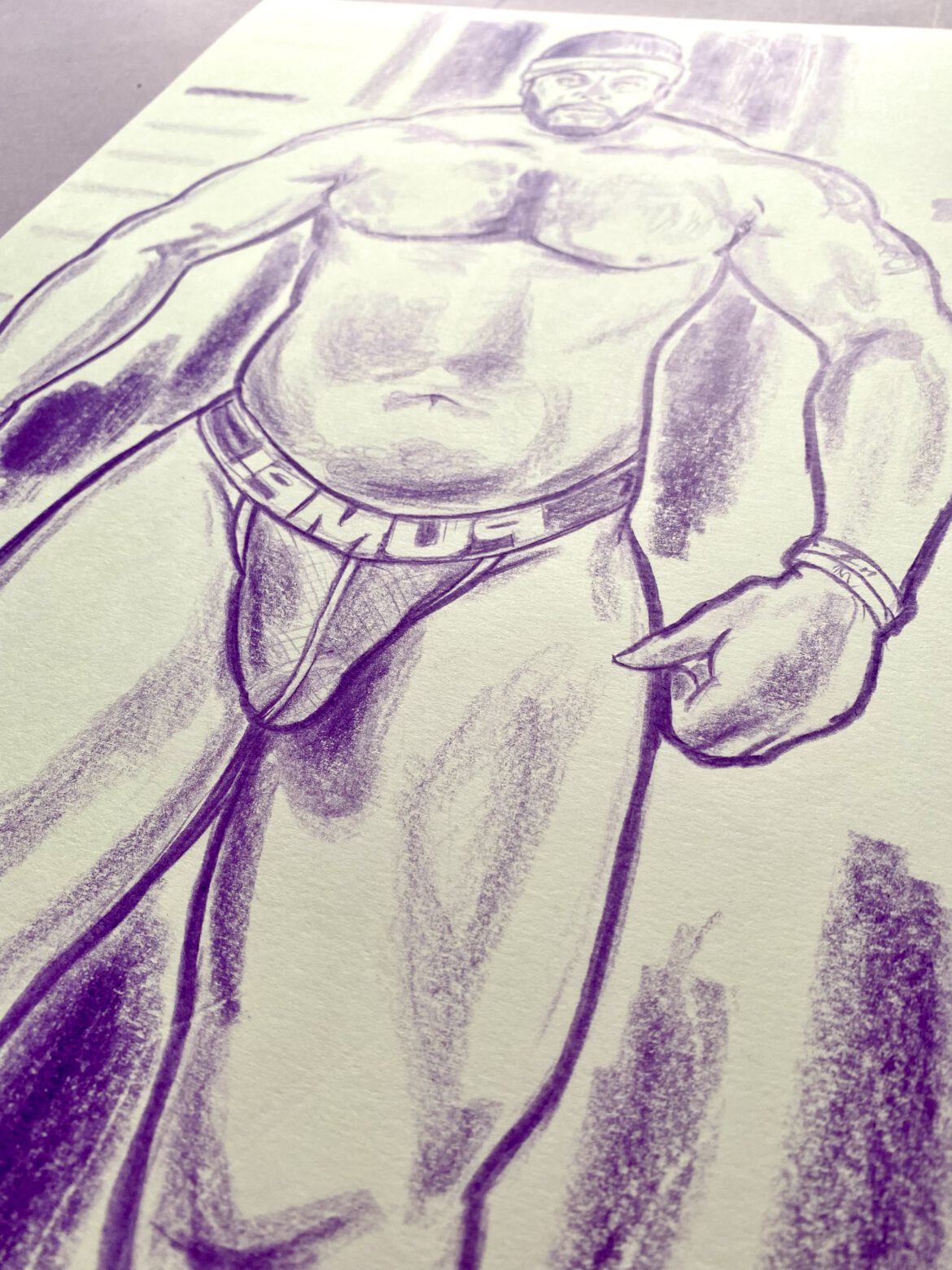 torso drawing of a bodybuilder in a jockstrap by Berlin artist Paul Astor