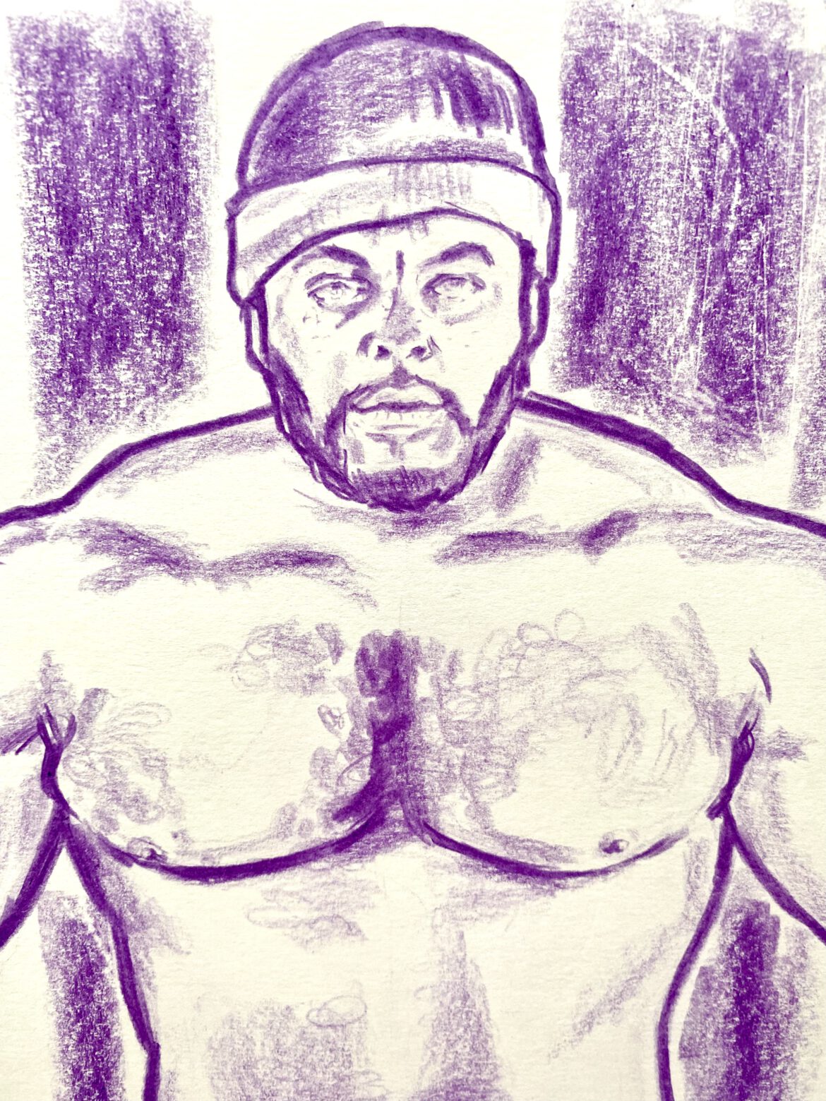 drawing of a bearded bodybuilder in a jockstrap by Berlin artist Paul Astor