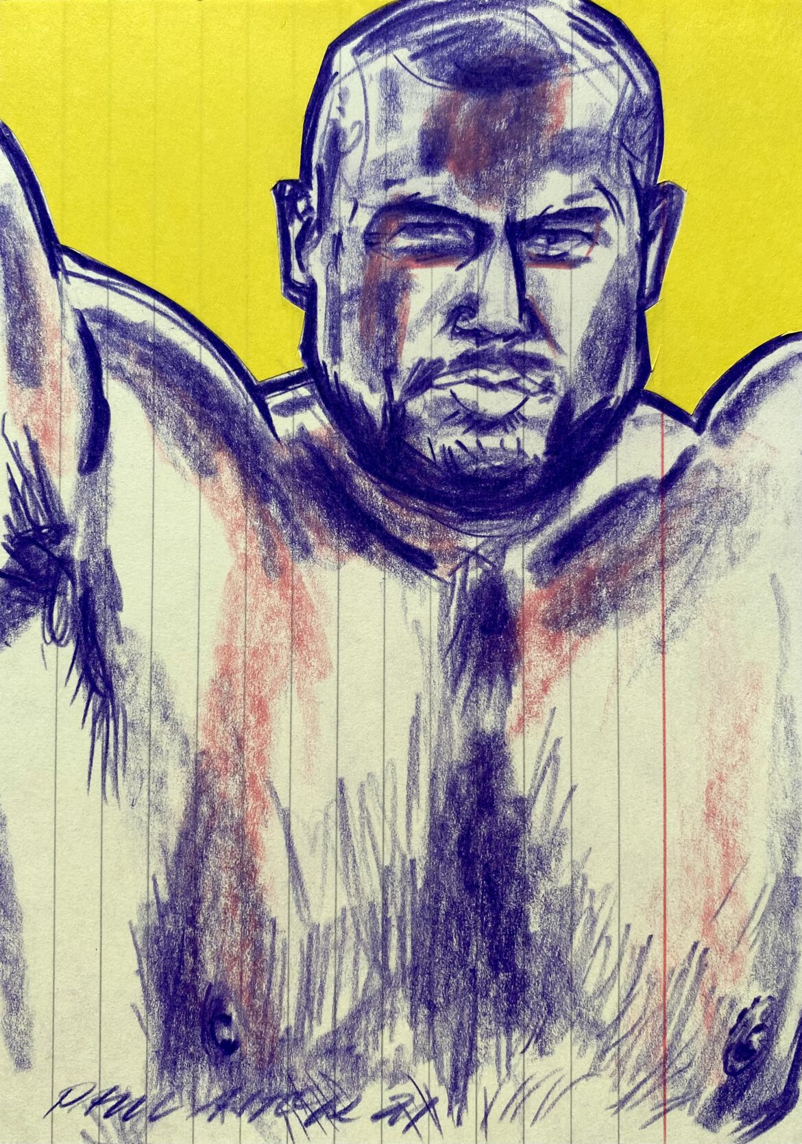 Close up portrait drawing of a muscular beefy naked man by Berlin Artist Paul Astor