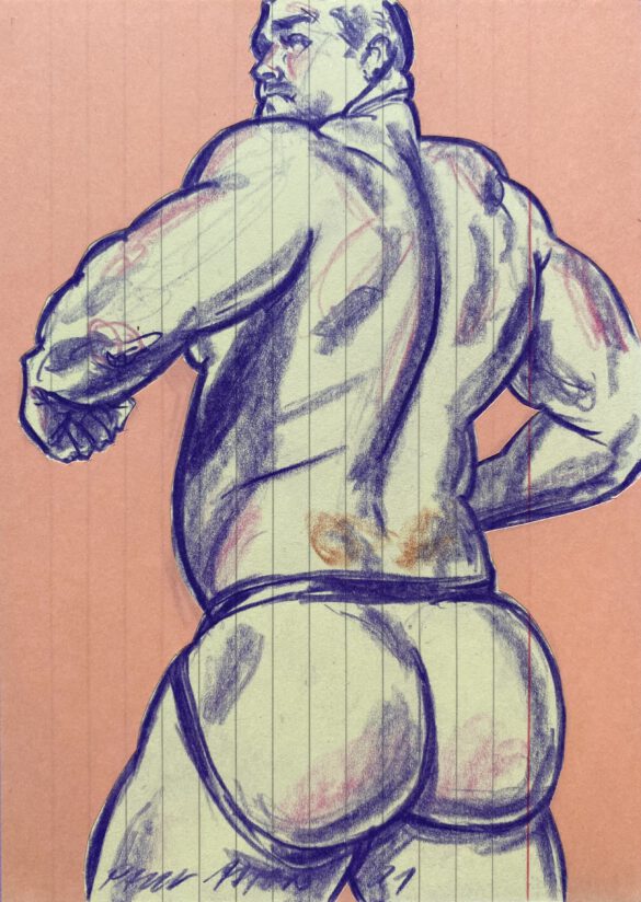 Drawing of a naked bodybuilder in a jockstrap by Berlin Artist Paul Astor