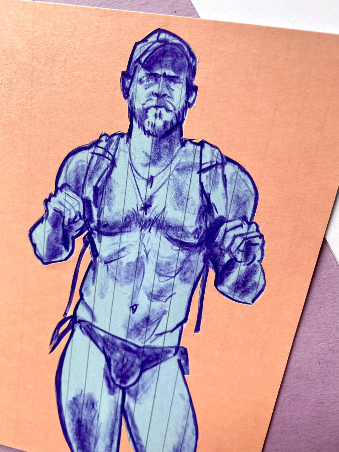 portrait drawing of adult entertainer Logan Stevens in purple crayon