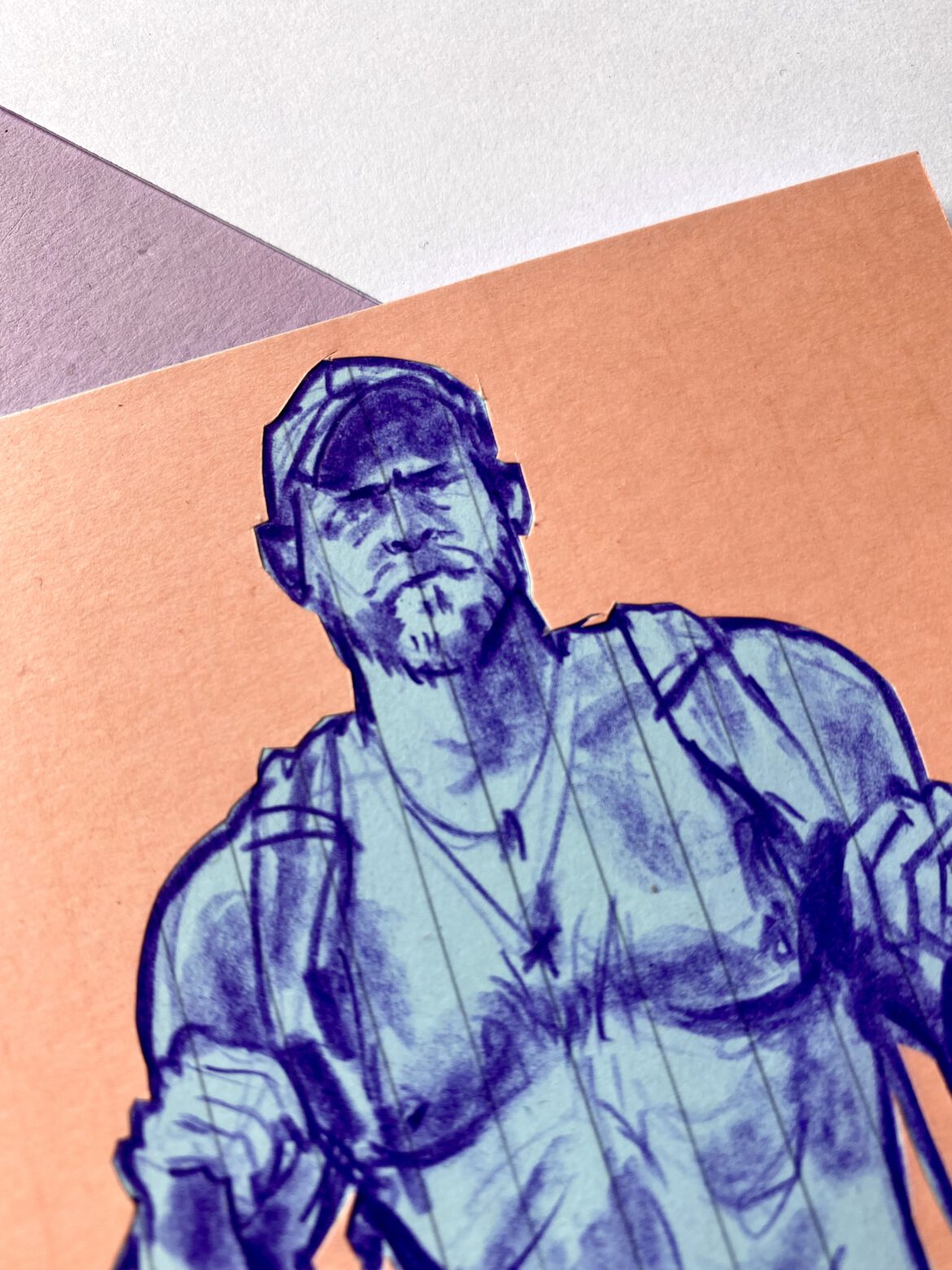 portrait drawing of adult entertainer Logan Stevens in purple crayon