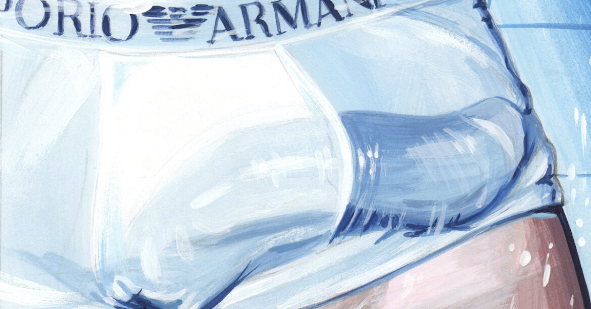 Close up illustration on a man with wet boxer pants