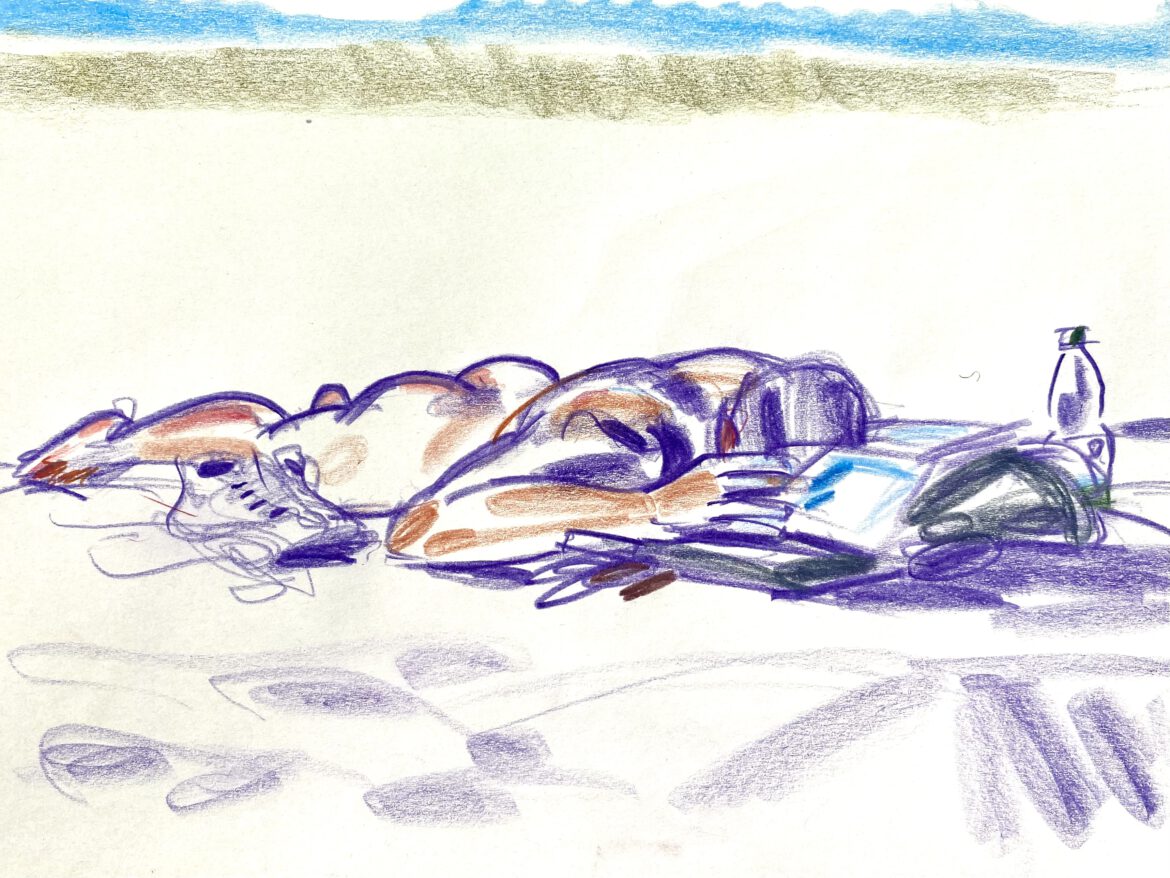 nude drawing of a young man laying at the beach