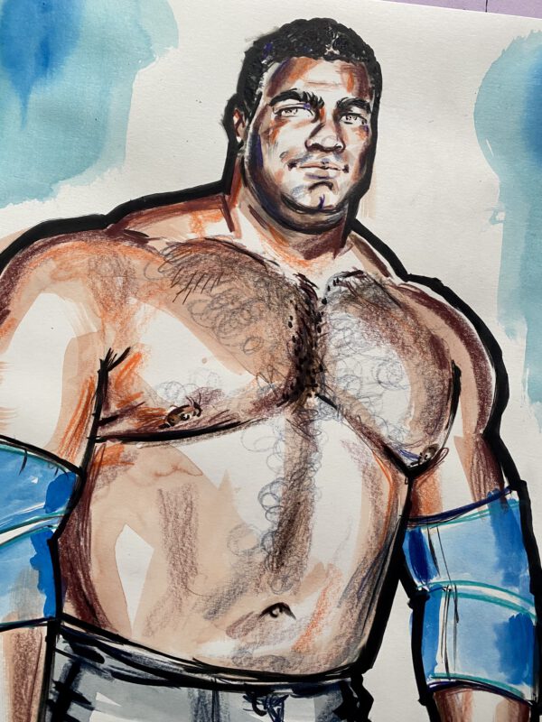 drawing of a weight lifter in watercolor and marker
