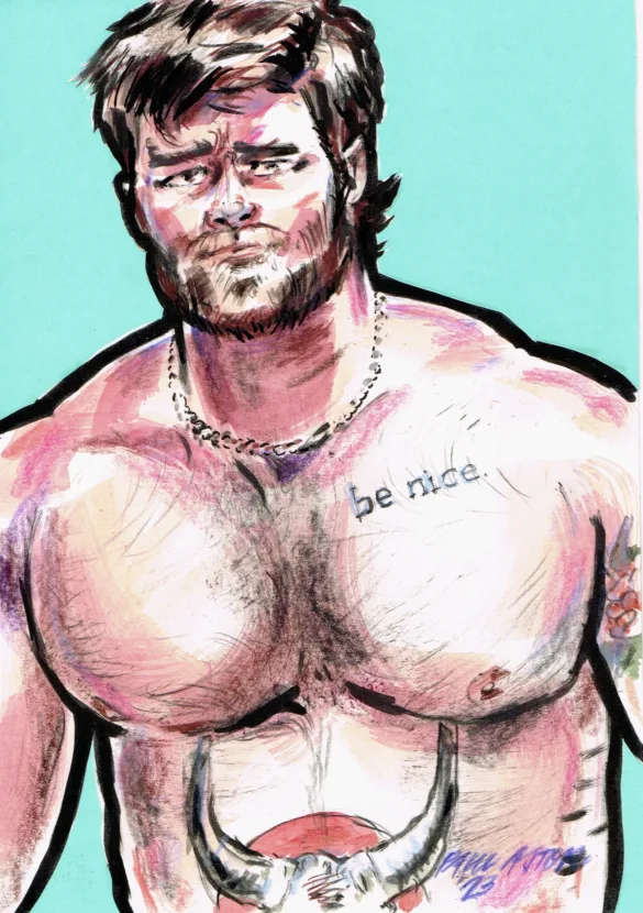 Portrait painting of a sexy bearded muscular man with a tattoo on his chest