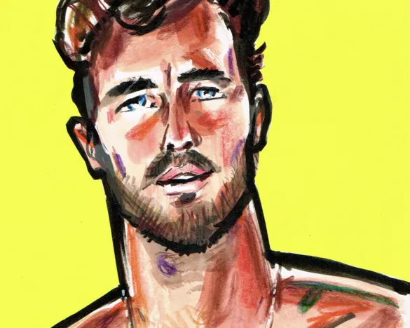 Portrait painting of a sexy bearded muscular young man