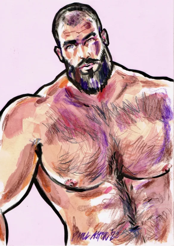 Portrait painting of a sexy bearded muscular man, nick pulos