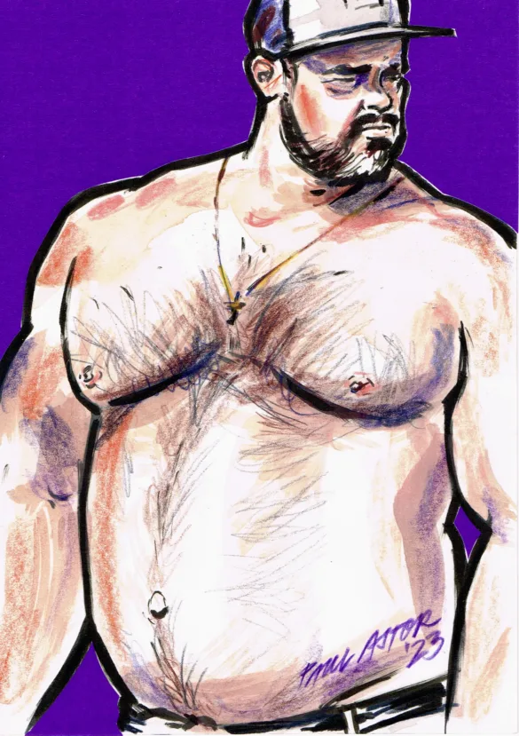 Portrait painting of a sexy bearded muscular man with a big belly