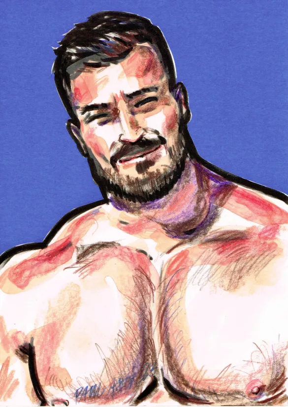 Portrait painting of a sexy bearded muscular man with a big smile